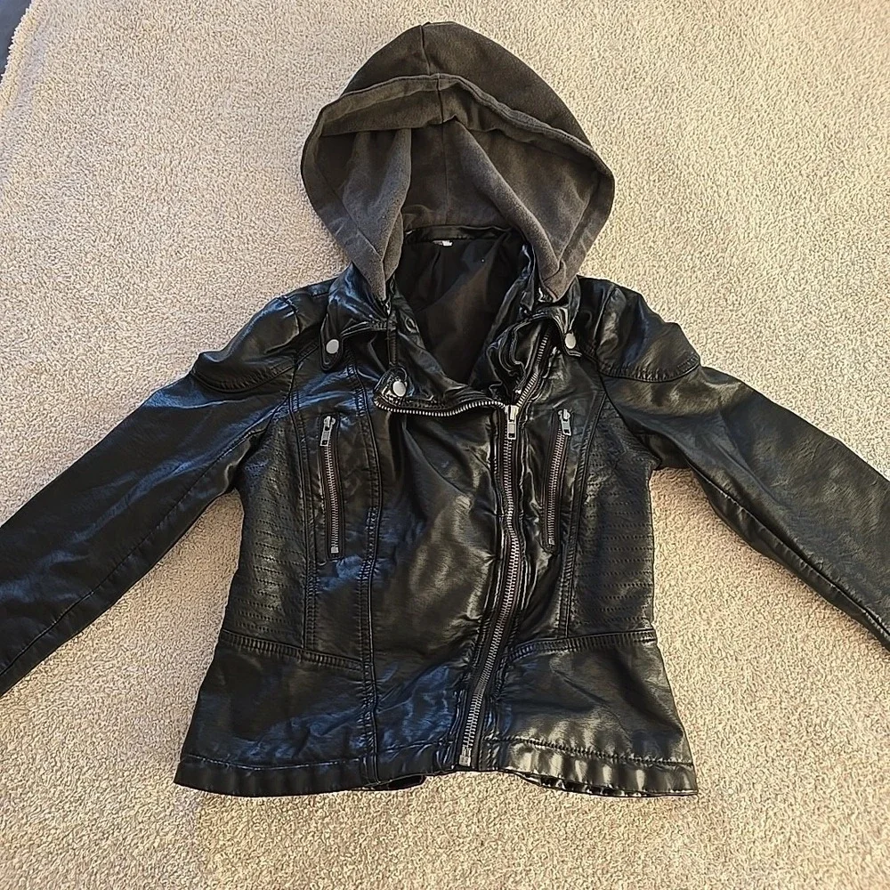 Free‎ People Soft Leather Jacket Moto Bomber Detachable Hood Black Size 4